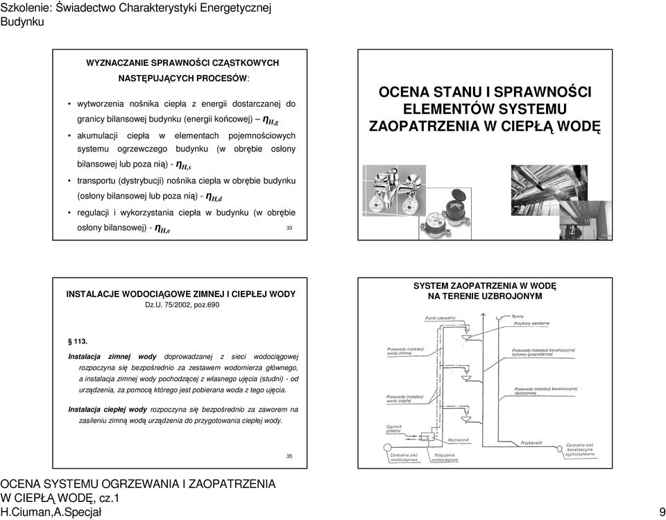 ciepła w obrębie budynku (osłony bilansowej lub poza nią) -η H,d regulacji i wykorzystania ciepła w budynku (w obrębie osłony bilansowej) -η H,e 33 INSTALACJE WODOCIĄGOWE ZIMNEJ I CIEPŁEJ WODY Dz.U.