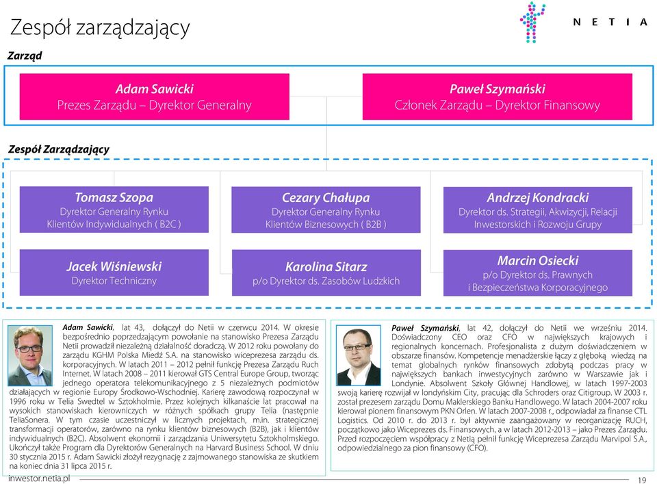 Strategii, Akwizycji, Relacji Inwestorskich i Rozwoju Grupy Jacek Wiśniewski Dyrektor Techniczny Karolina Sitarz p/o Dyrektor ds. Zasobów Ludzkich Marcin Osiecki p/o Dyrektor ds.
