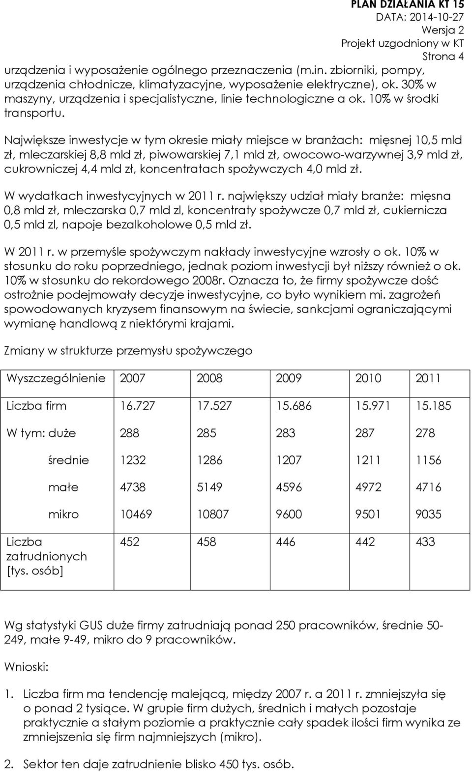 Największe inwestycje w tym okresie miały miejsce w branżach: mięsnej 10,5 mld zł, mleczarskiej 8,8 mld zł, piwowarskiej 7,1 mld zł, owocowo-warzywnej 3,9 mld zł, cukrowniczej 4,4 mld zł,