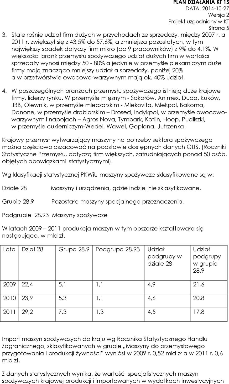 W większości branż przemysłu spożywczego udział dużych firm w wartości sprzedaży wynosi między 50-80% a jedynie w przemyśle piekarniczym duże firmy mają znacząco mniejszy udział a sprzedaży, poniżej