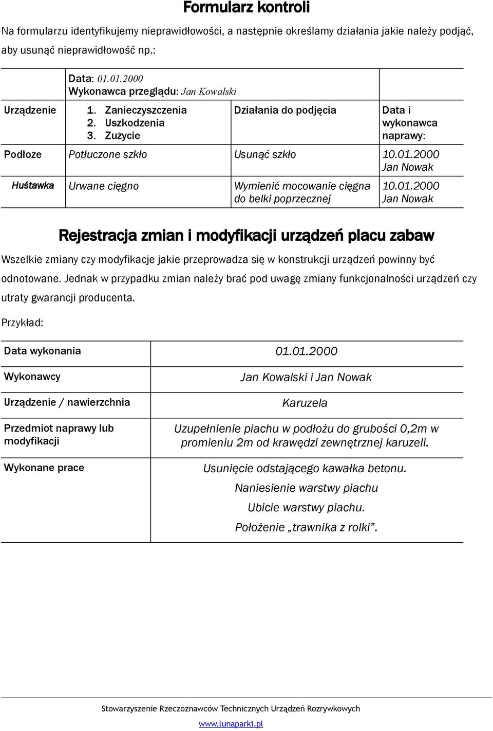 01.2000 Jan Nowak Rejestracja zmian i modyfikacji urządzeń placu zabaw Wszelkie zmiany czy modyfikacje jakie przeprowadza się w konstrukcji urządzeń powinny być odnotowane.
