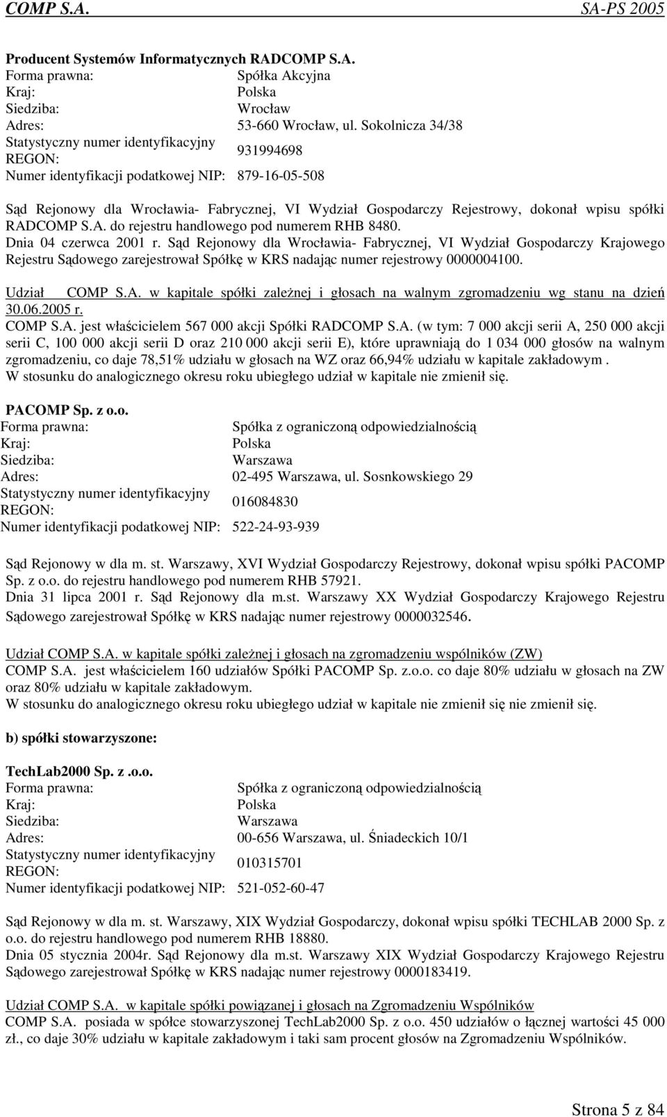 dokonał wpisu spółki RADCOMP S.A. do rejestru handlowego pod numerem RHB 8480. Dnia 04 czerwca 2001 r.