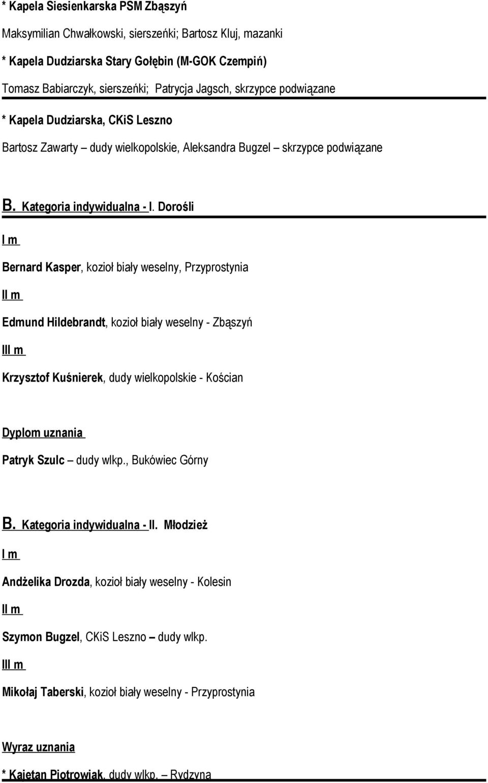 Dorośli Bernard Kasper, kozioł biały weselny, Przyprostynia I Edmund Hildebrandt, kozioł biały weselny - Zbąszyń II Krzysztof Kuśnierek, dudy wielkopolskie - Kościan Dyplom uznania Patryk Szulc dudy