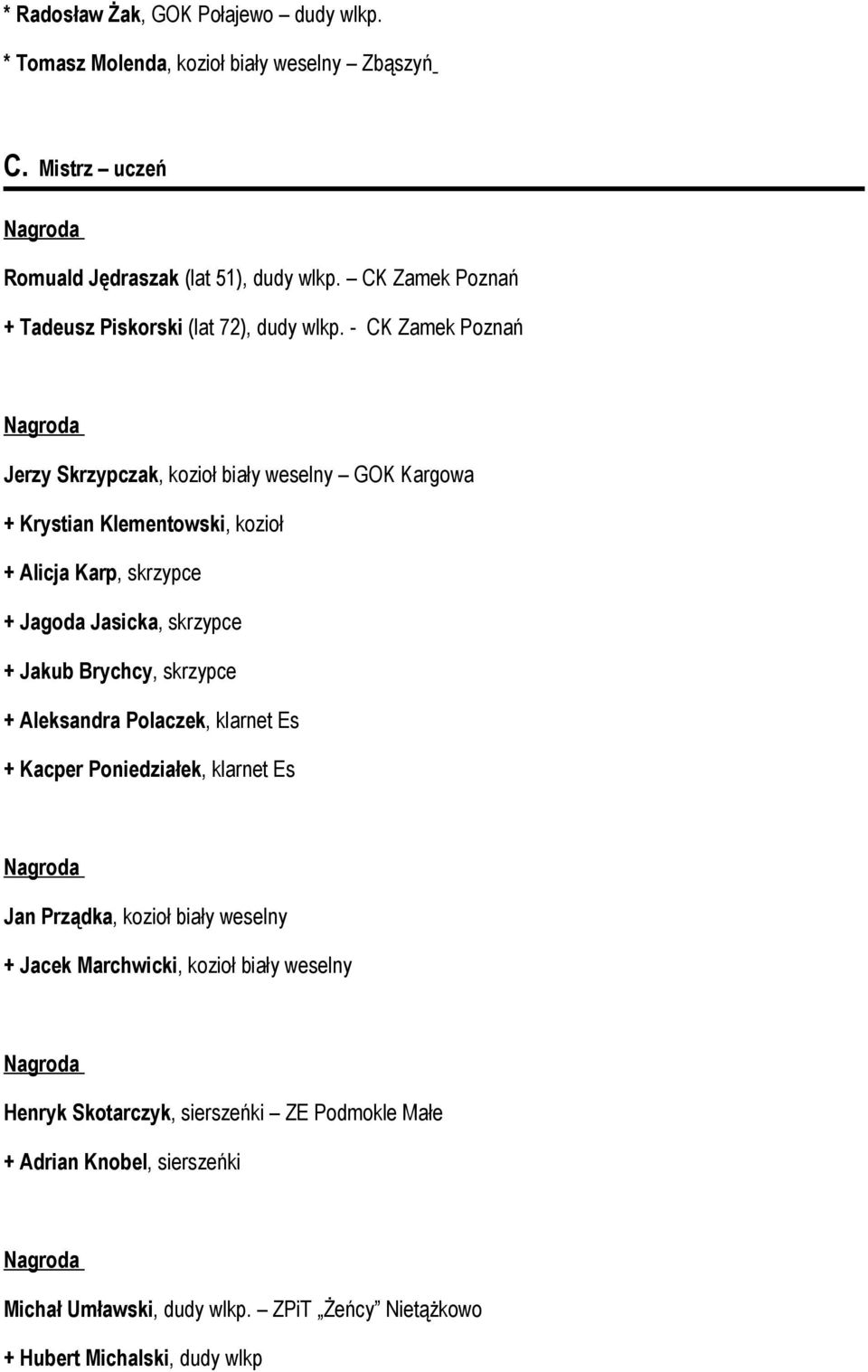 - CK Zamek Poznań Jerzy Skrzypczak, kozioł biały weselny GOK Kargowa + Krystian Klementowski, kozioł + Alicja Karp, skrzypce + Jagoda Jasicka, skrzypce + Jakub Brychcy,