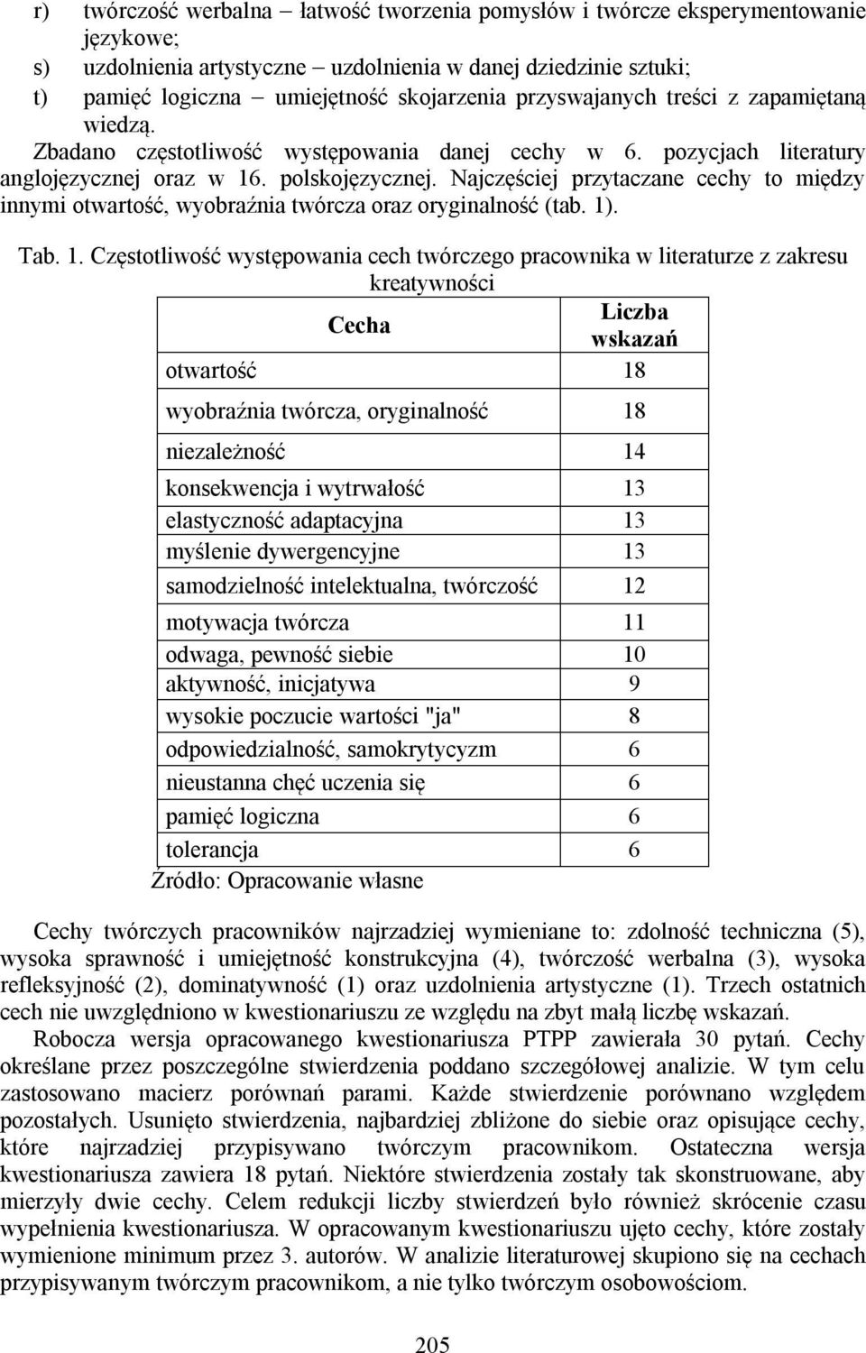 Najczęściej przytaczane cechy to między innymi otwartość, wyobraźnia twórcza oraz oryginalność (tab. 1)