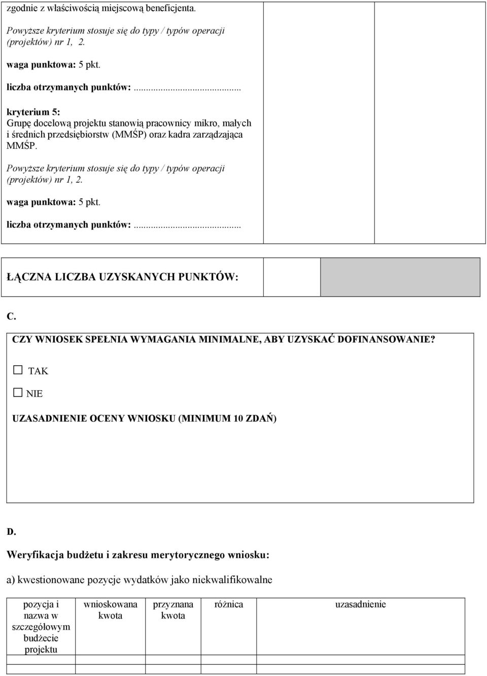 wg punktow: 5 pkt. licz otrzymnych punktów:... ŁĄCZNA LICZBA UZYSKANYCH PUNKTÓW: C. CZY WNIOSEK SPEŁNIA WYMAGANIA MINIMALNE, ABY UZYSKAĆ DOFINANSOWANIE?