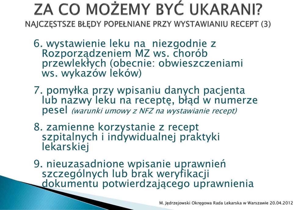 pomyłka przy wpisaniu danych pacjenta lub nazwy leku na receptę, błąd w numerze pesel (warunki umowy z NFZ na