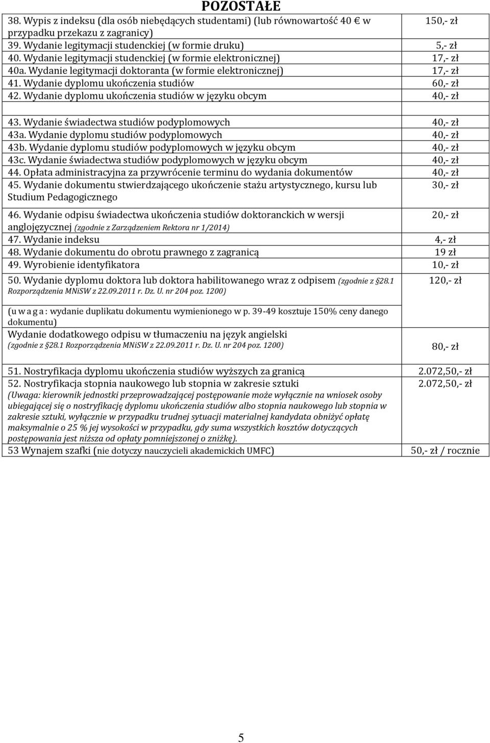 Wydanie dyplomu ukończenia studiów w języku obcym 40,- zł 43. Wydanie świadectwa studiów podyplomowych 40,- zł 43a. Wydanie dyplomu studiów podyplomowych 40,- zł 43b.