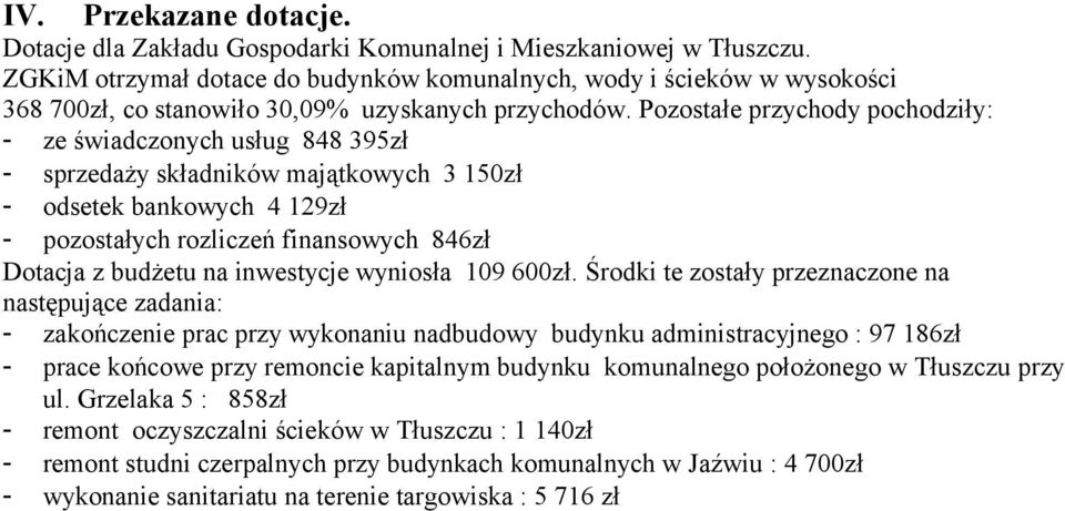 Pozostałe przychody pochodziły: - ze świadczonych usług 848 395zł - sprzedaży składników majątkowych 3 15zł - odsetek bankowych 4 129zł - pozostałych rozliczeń finansowych 846zł Dotacja z budżetu na
