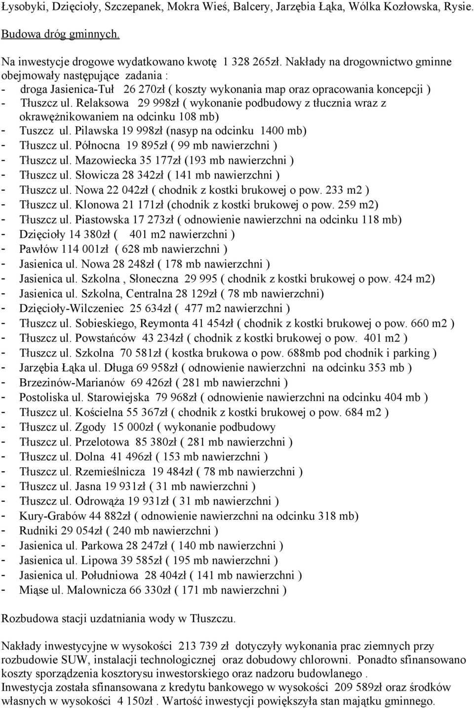 Relaksowa 29 998zł ( wykonanie podbudowy z tłucznia wraz z okrawężnikowaniem na odcinku 18 mb) - Tuszcz ul. Pilawska 19 998zł (nasyp na odcinku 14 mb) - Tłuszcz ul.