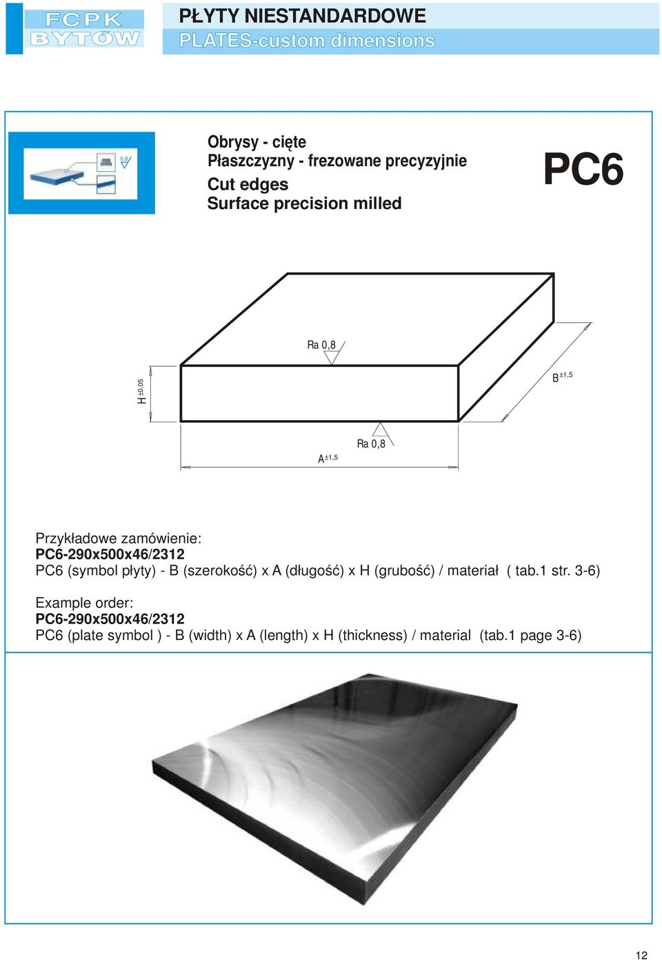 PC6 (symbol płyty) - (szerokość) x A (długość) x (grubość) / materiał ( tab.1 str.