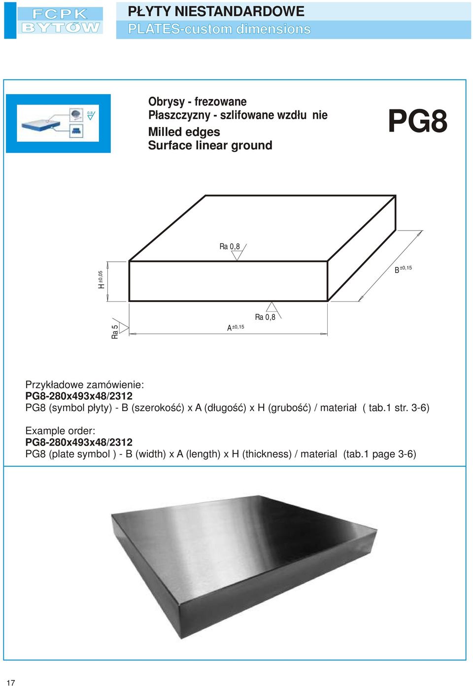 PG8-280x493x48/2312 PG8 (symbol płyty) - (szerokość) x A (długość) x (grubość) / materiał ( tab.1 str.