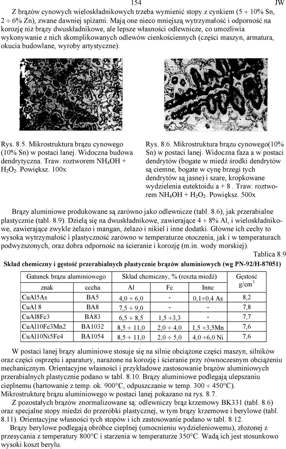 maszyn, armatura, okucia budowlane, wyroby artystyczne). Rys. 8.5. Mikrostruktura brązu cynowego (10% Sn) w postaci lanej. Widoczna budowa dendrytyczna. Traw. roztworem NH 4 OH + H 2 O 2. Powiększ.