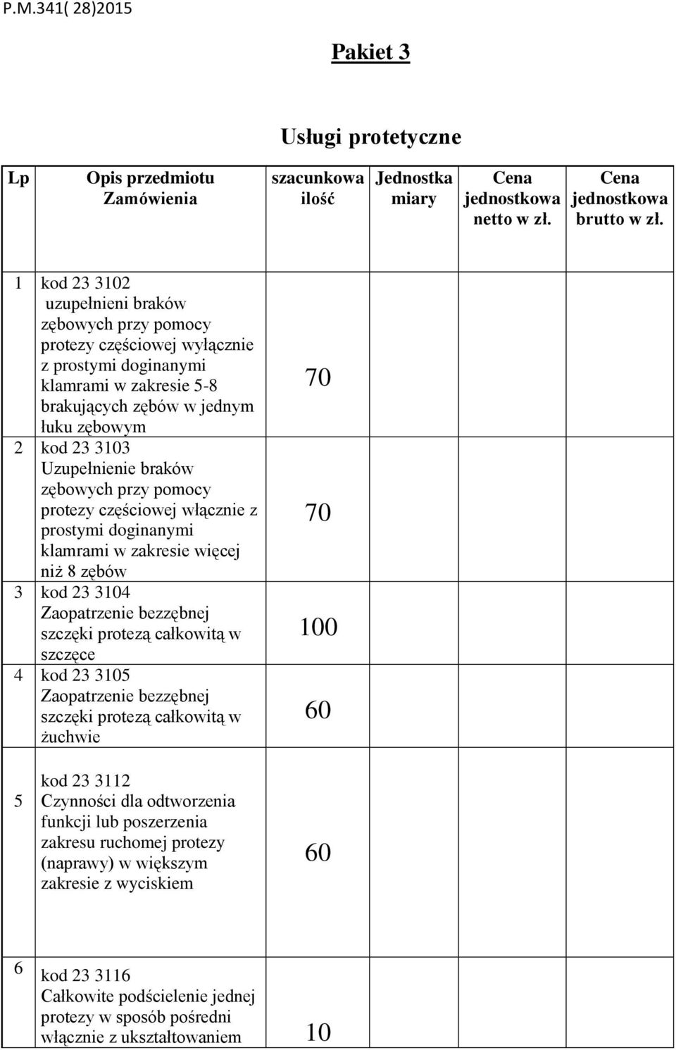 niż 8 zębów 3 kod 23 3104 Zaopatrzenie bezzębnej szczęki protezą całkowitą w szczęce 4 kod 23 3105 Zaopatrzenie bezzębnej szczęki protezą całkowitą w żuchwie 70 70 100 60 5 kod 23 3112 Czynności