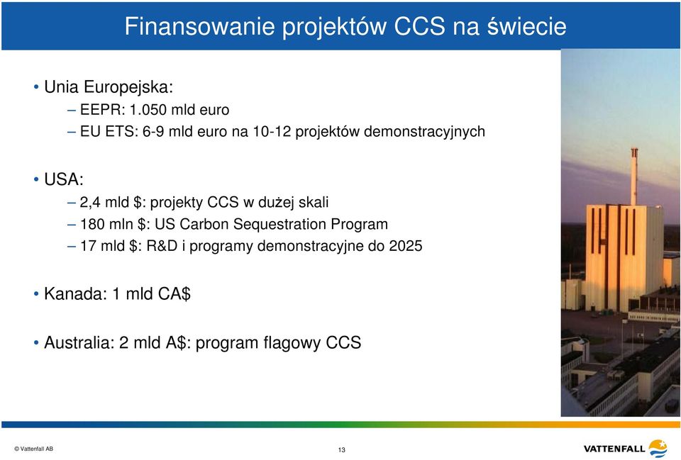 projekty CCS w dużej skali 180 mln $: US Carbon Sequestration Program 17 mld $: R&D i