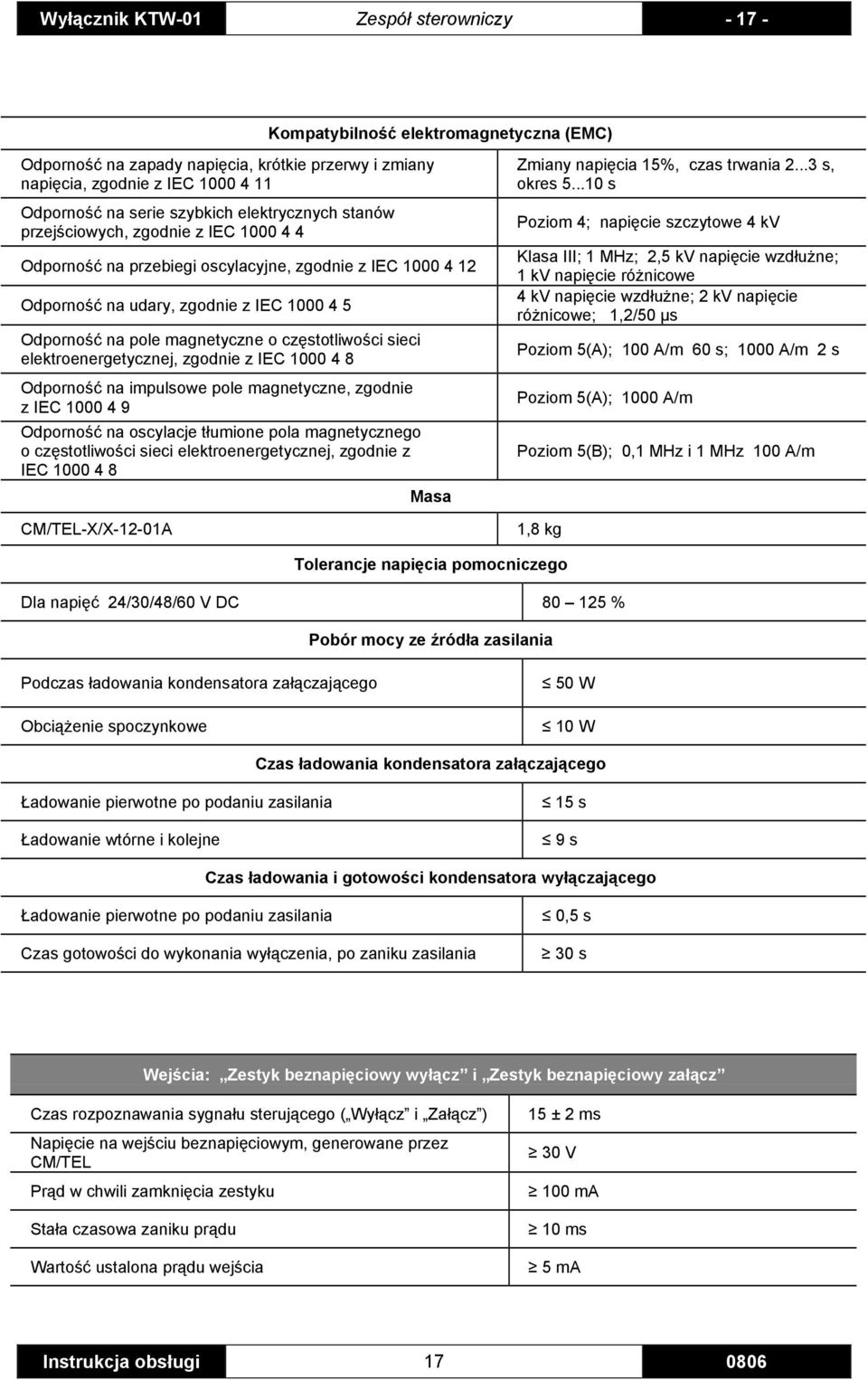 częstotliwości sieci elektroenergetycznej, zgodnie z IEC 1000 4 8 Odporność na impulsowe pole magnetyczne, zgodnie z IEC 1000 4 9 Odporność na oscylacje tłumione pola magnetycznego o częstotliwości