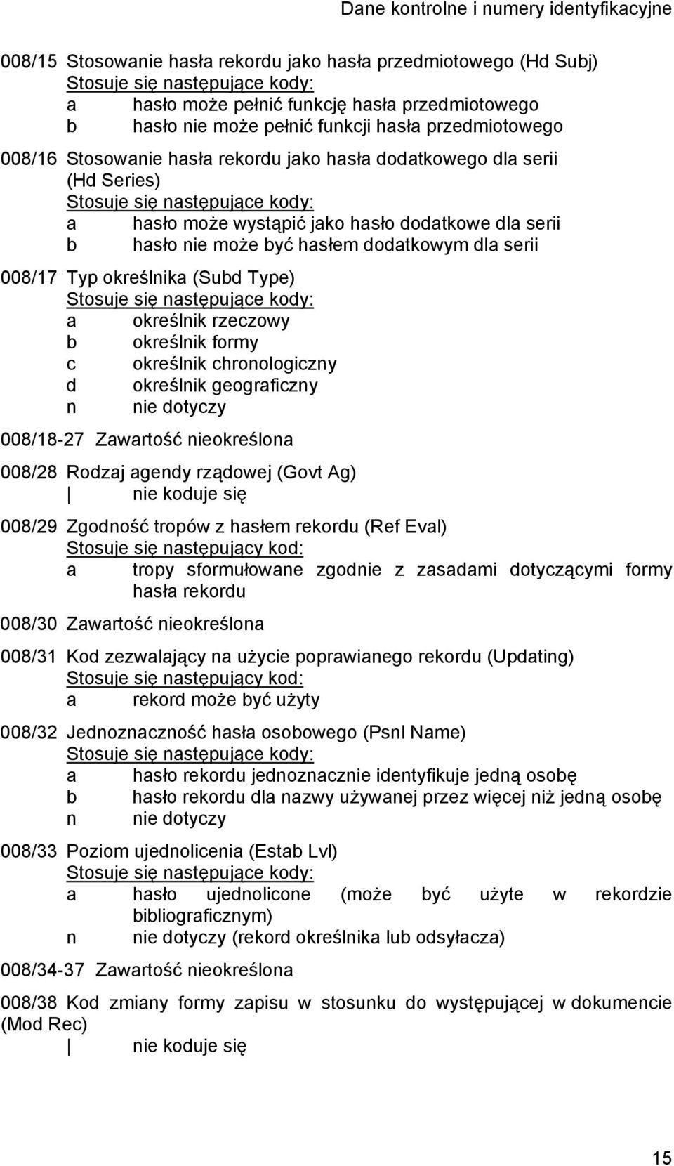 serii b hasło nie może być hasłem dodatkowym dla serii 008/17 Typ określnika (Subd Type) Stosuje się następujące kody: a określnik rzeczowy b określnik formy c określnik chronologiczny d określnik