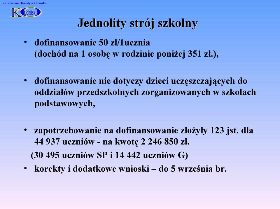 szkołach podstawowych, zapotrzebowanie na dofinansowanie złożyły 123 jst.