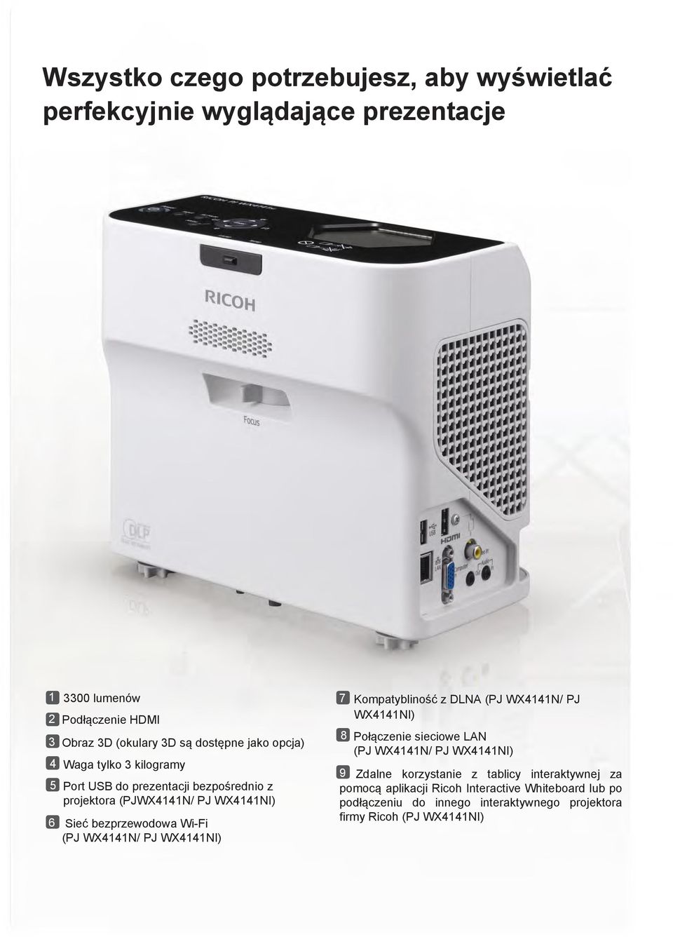 Wi-Fi (PJ WX4141N/ PJ WX4141NI) 7 Kompatybliność z DLNA (PJ WX4141N/ PJ WX4141NI) 8 Połączenie sieciowe LAN (PJ WX4141N/ PJ WX4141NI) 9 Zdalne