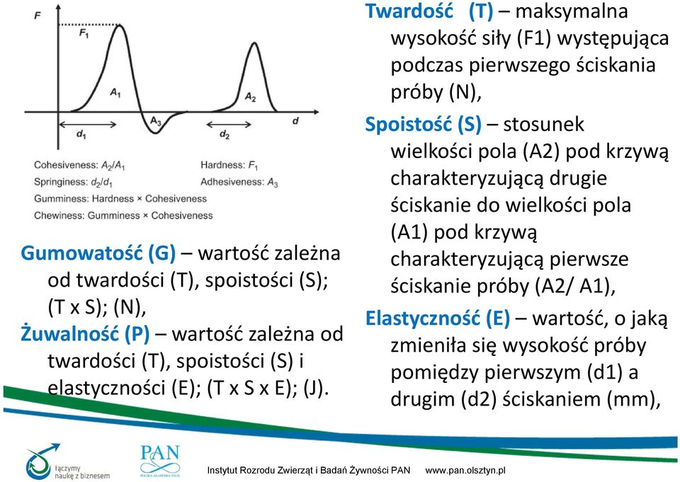 Twardość (T) maksymalna wysokość siły (F1) występująca podczas pierwszego ściskania próby (N), Spoistość (S) stosunek wielkości pola (A2) pod