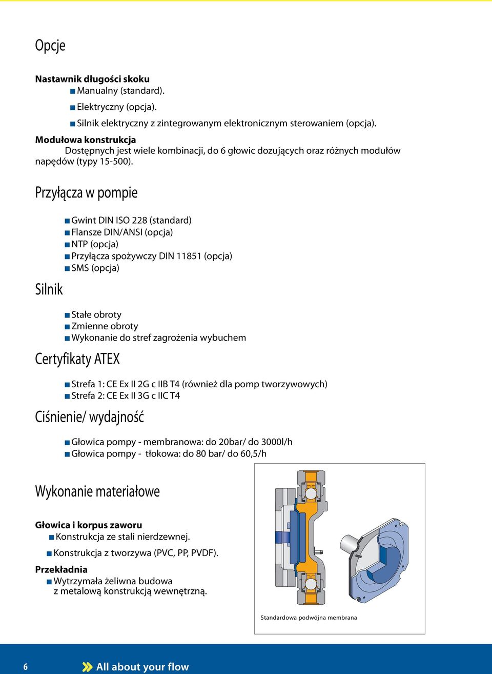 Przyłącza w pompie Silnik Gwint DIN ISO 228 (standard) Flansze DIN/ANSI (opcja) NTP (opcja) Przyłącza spożywczy DIN 11851 (opcja) SMS (opcja) Stałe obroty Zmienne obroty Wykonanie do stref zagrożenia