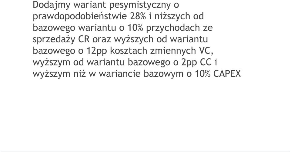 wyższych od wariantu bazowego o 12pp kosztach zmiennych VC, wyższym