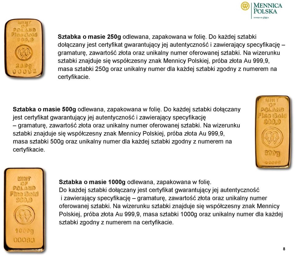 Na wizerunku sztabki znajduje się współczesny znak Mennicy Polskiej, próba złota Au 999,9, masa sztabki 250g oraz unikalny numer dla każdej sztabki zgodny z numerem na certyfikacie.
