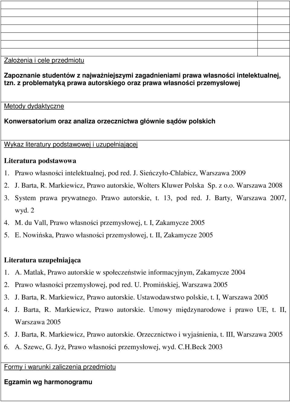 Literatura podstawowa. Prawo własności intelektualnej, pod red. J. Sieńczyło-Chlabicz, Warszawa 2009 2. J. Barta, R. Markiewicz, Prawo autorskie, Wolters Kluwer Polska Sp. z o.o. Warszawa 2008 3.