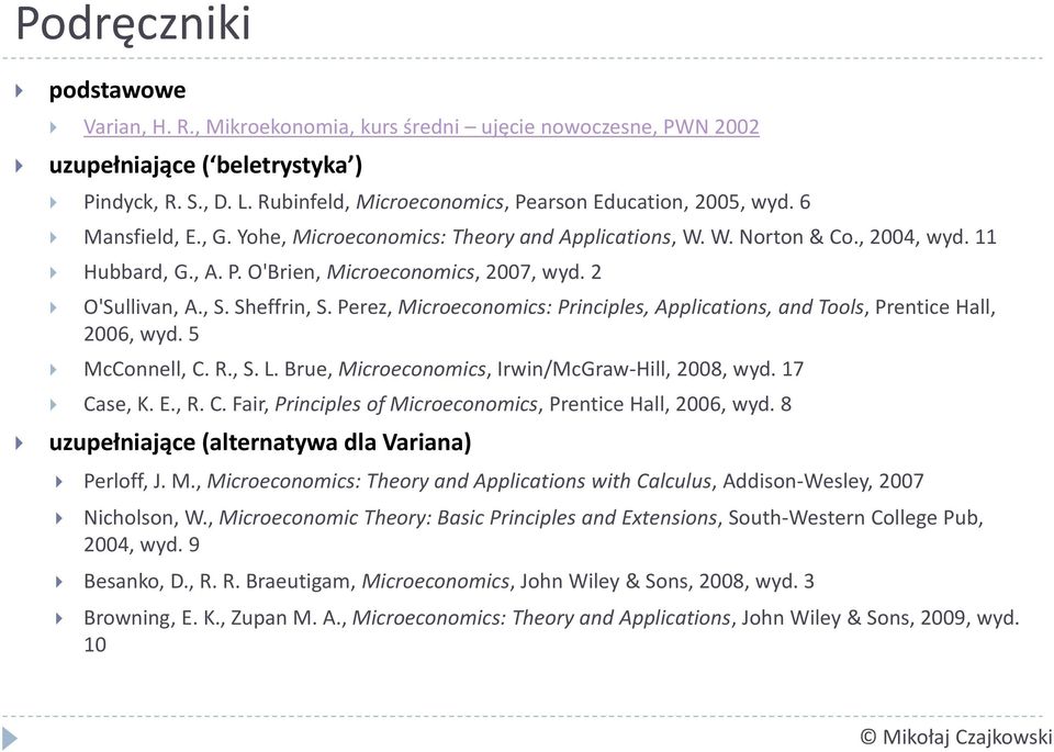 2 O'Sullivan, A., S. Sheffrin, S. Perez, Microeconomics: Principles, Applications, and Tools, Prentice Hall, 2006, wyd. 5 McConnell, C. R., S. L. Brue, Microeconomics, Irwin/McGraw Hill, 2008, wyd.