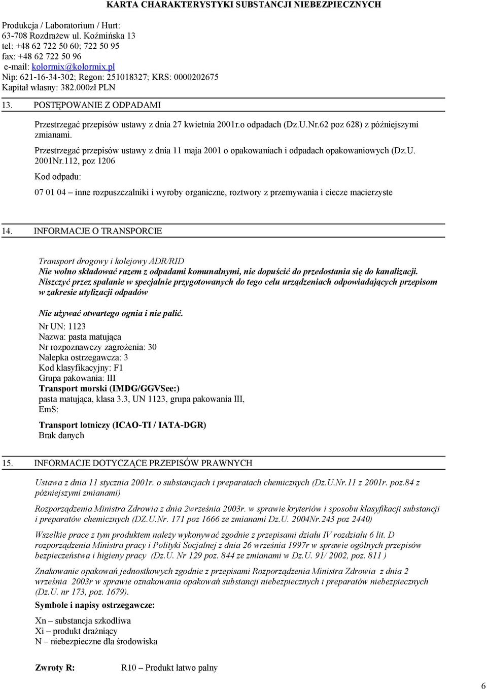 112, poz 1206 Kod odpadu: 07 01 04 inne rozpuszczalniki i wyroby organiczne, roztwory z przemywania i ciecze macierzyste 14.