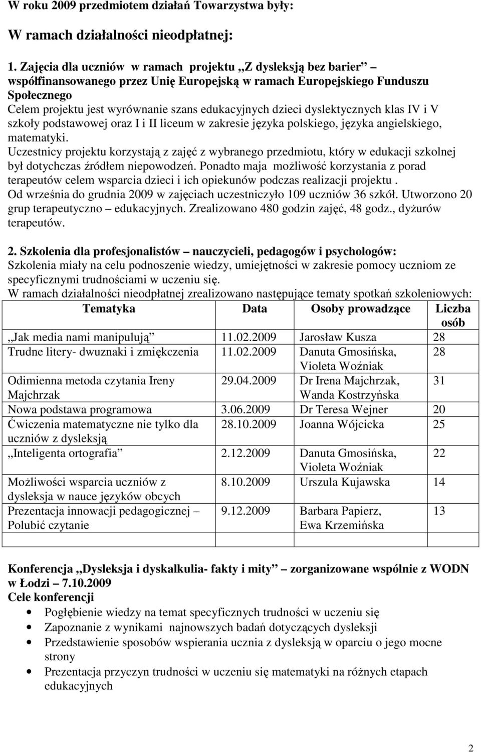 dzieci dyslektycznych klas IV i V szkoły podstawowej oraz I i II liceum w zakresie języka polskiego, języka angielskiego, matematyki.