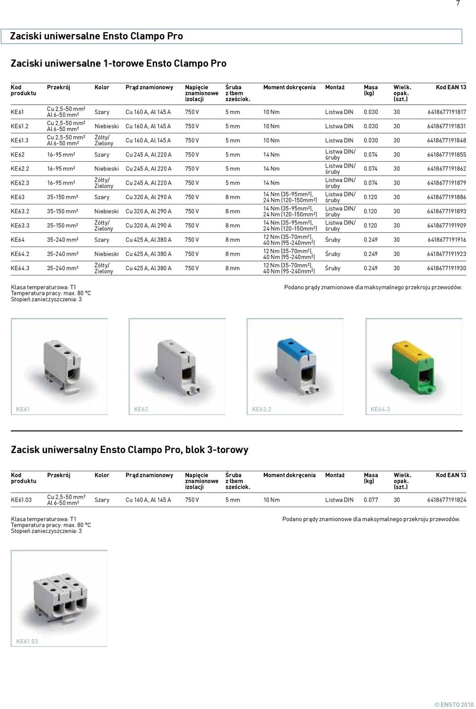 opak. (szt.) Szary Cu 160 A, Al 145 A 750 V 5 mm 10 Nm Listwa DIN 0.030 30 6418677191817 Niebieski Cu 160 A, Al 145 A 750 V 5 mm 10 Nm Listwa DIN 0.