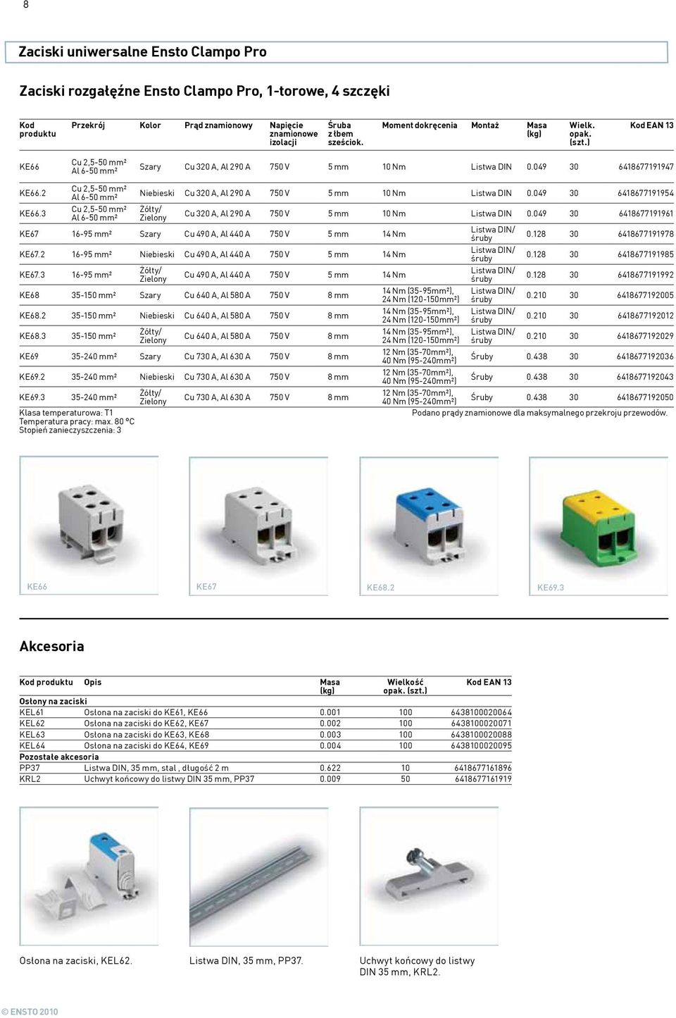 2 Cu 2,5-50 mm² Al 6-50 mm² Niebieski Cu 320 A, Al 290 A 750 V 5 mm 10 Nm Listwa DIN 0.049 30 6418677191954 KE66.