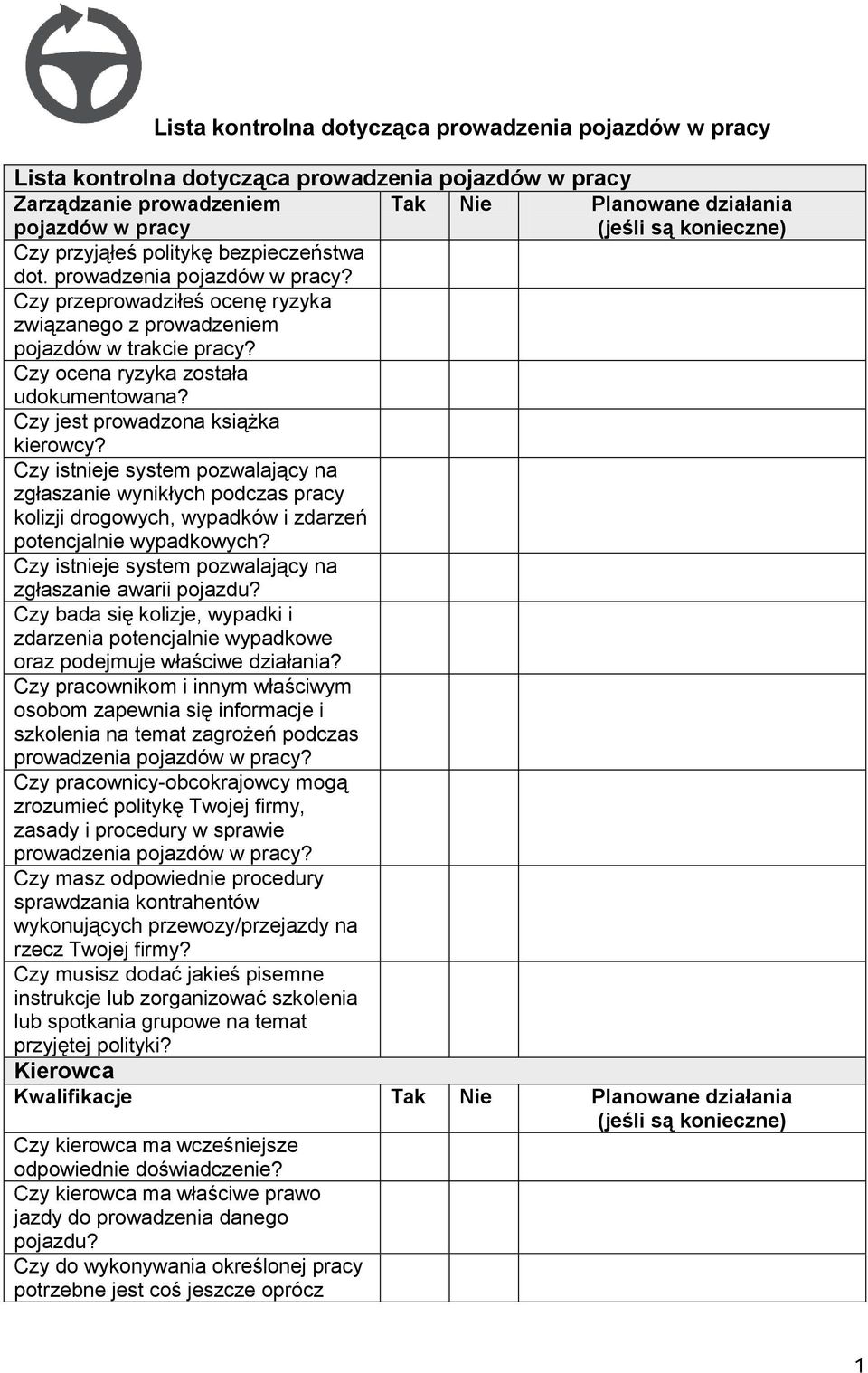 Czy jest prowadzona książka kierowcy? Czy istnieje system pozwalający na zgłaszanie wynikłych podczas pracy kolizji drogowych, wypadków i zdarzeń potencjalnie wypadkowych?