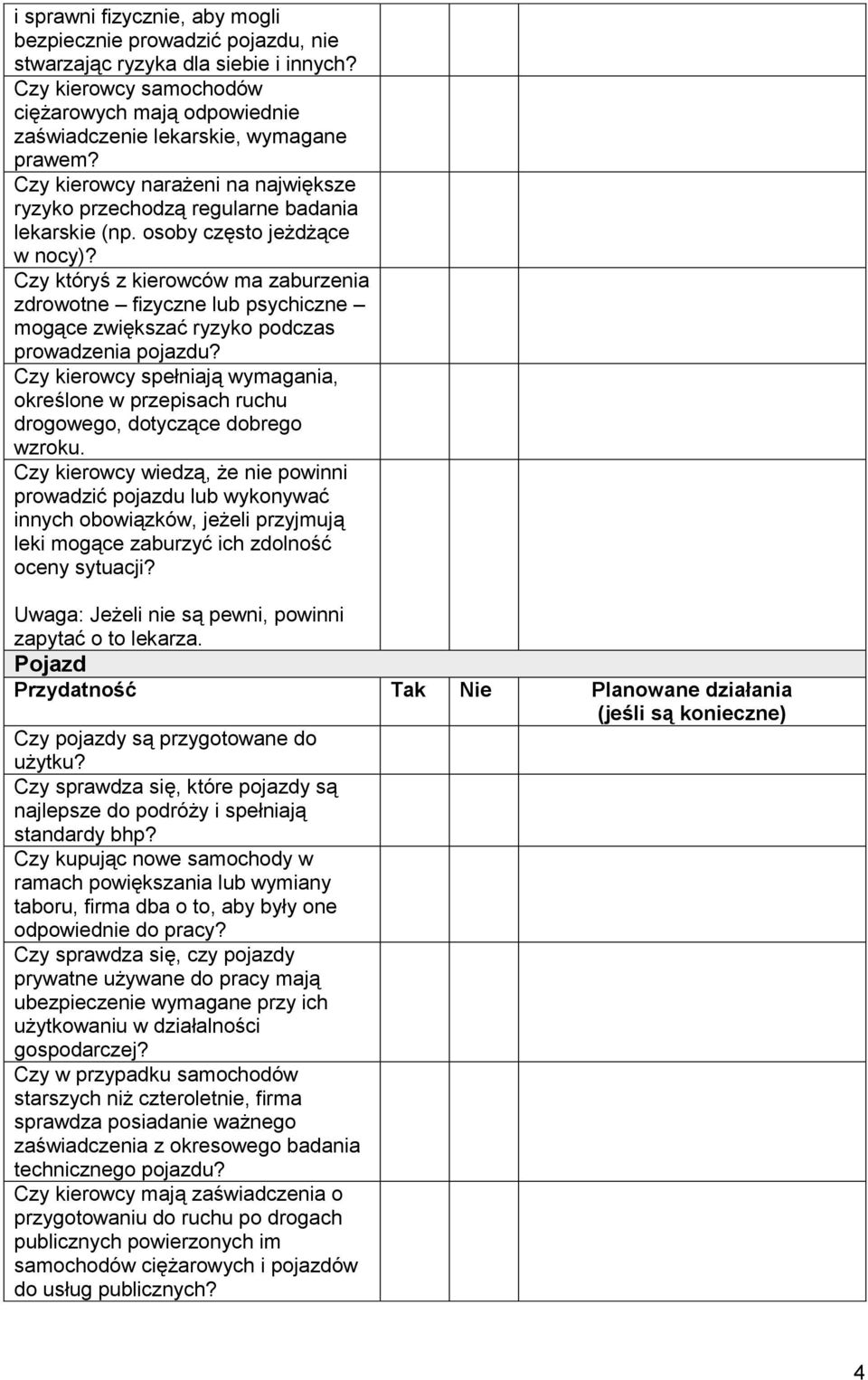 Czy któryś z kierowców ma zaburzenia zdrowotne fizyczne lub psychiczne mogące zwiększać ryzyko podczas prowadzenia pojazdu?