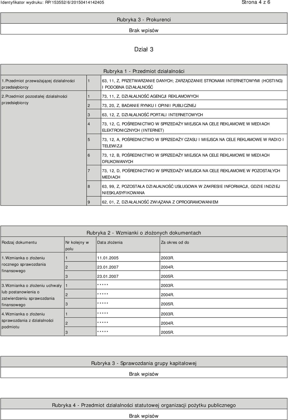 73, 20, Z, BADANIE RYNKU I OPINII PUBLICZNEJ 3 63, 12, Z, DZIAŁALNOŚĆ PORTALI INTERNETOWYCH 4 73, 12, C, POŚREDNICTWO W SPRZEDAŻY MIEJSCA NA CELE REKLAMOWE W MEDIACH ELEKTRONICZNYCH (INTERNET) 5 73,