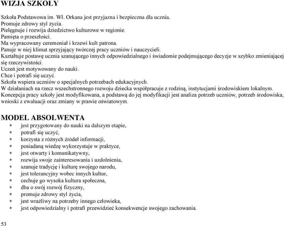 Kształtuje postawę ucznia szanującego innych odpowiedzialnego i świadomie podejmującego decyzje w szybko zmieniającej się rzeczywistości. Uczeń jest motywowany do nauki. Chce i potrafi się uczyć.