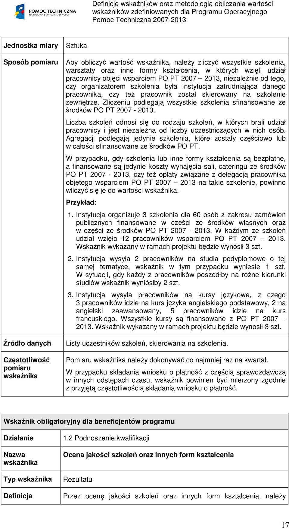 Zliczeniu podlegają wszystkie szkolenia sfinansowane ze środków PO PT 2007-2013.