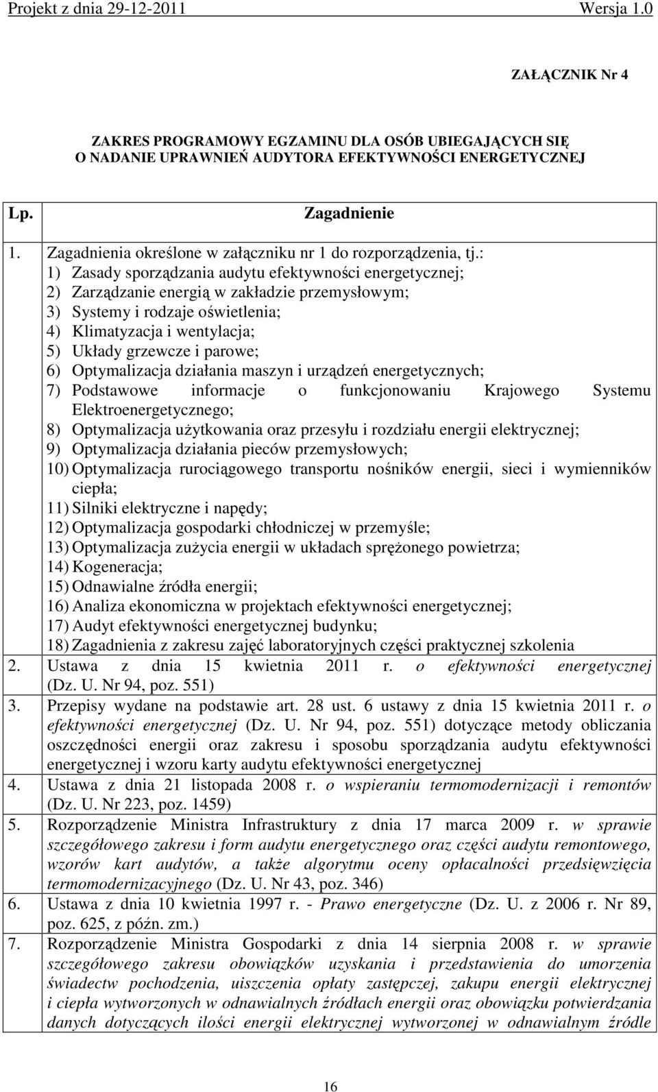 : 1) Zasady sporządzania audytu efektywności energetycznej; 2) Zarządzanie energią w zakładzie przemysłowym; 3) Systemy i rodzaje oświetlenia; 4) Klimatyzacja i wentylacja; 5) Układy grzewcze i