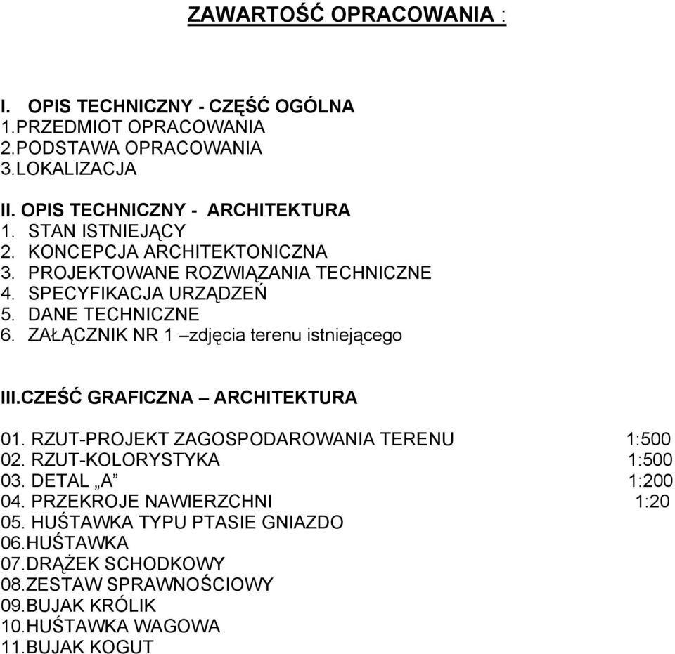 ZAŁĄCZNIK NR 1 zdjęcia terenu istniejącego III.CZEŚĆ GRAFICZNA ARCHITEKTURA 01. RZUT-PROJEKT ZAGOSPODAROWANIA TERENU 1:500 02. RZUT-KOLORYSTYKA 1:500 03.