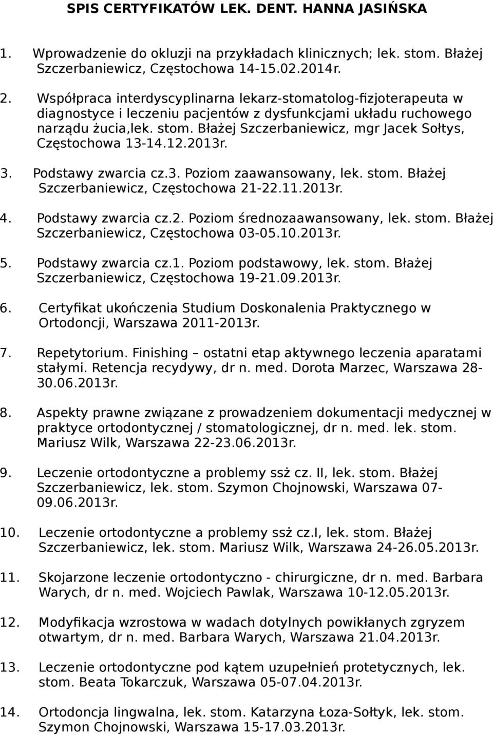 Błażej Szczerbaniewicz, mgr Jacek Sołtys, Częstochowa 13-14.12.2013r. 3. Podstawy zwarcia cz.3. Poziom zaawansowany, lek. stom. Błażej Szczerbaniewicz, Częstochowa 21-22.11.2013r. 4.