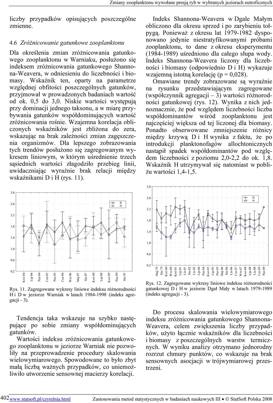 liczebności i biomasy. Wskaźnik ten, oparty na parametrze względnej obfitości poszczególnych gatunków, przyjmował w prowadzonych badaniach wartość od ok. 0,5 do 3,0.