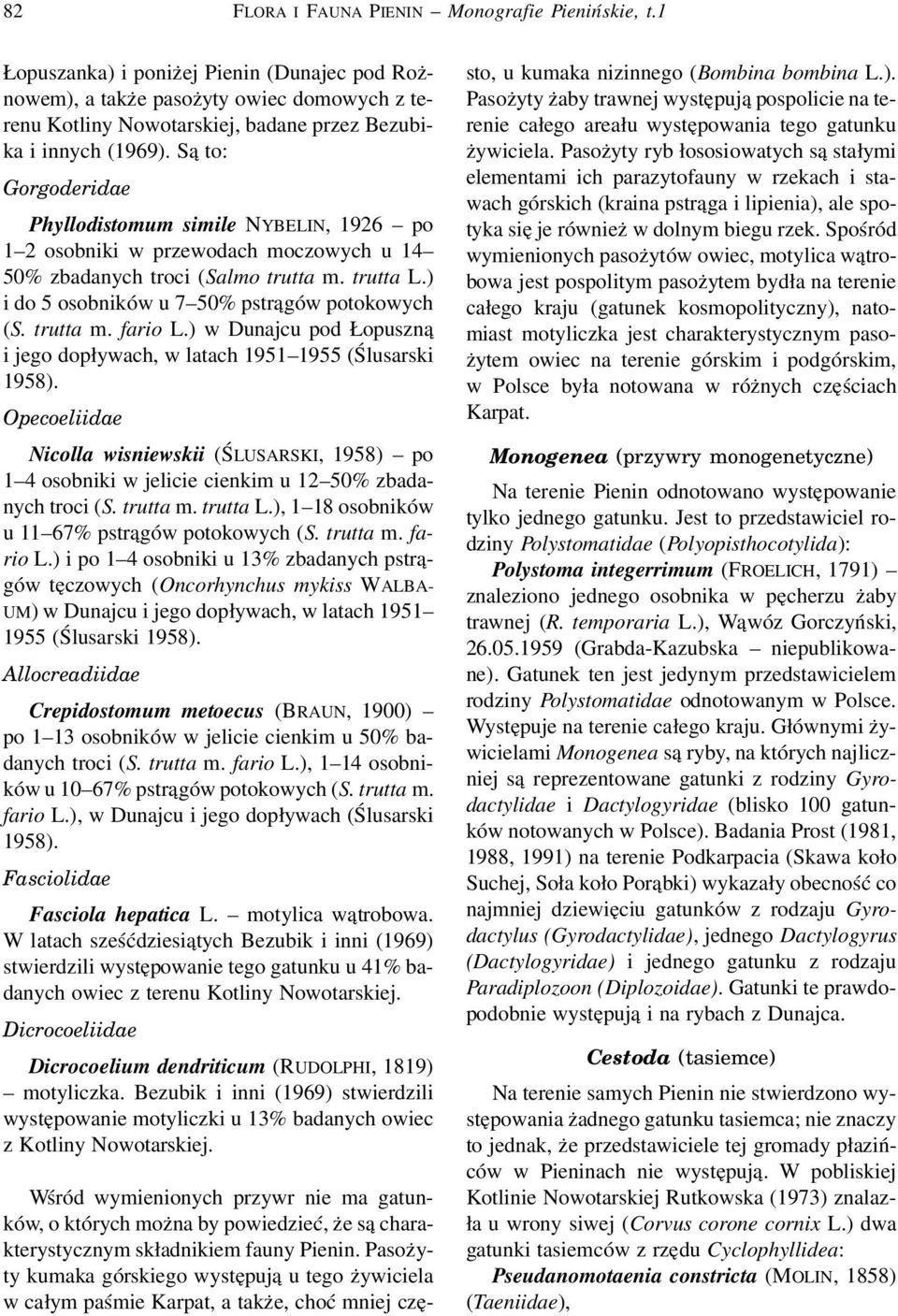 Są to: Gorgoderidae Phyllodistomum simile NYBELIN, 1926 po 1 2 osobniki w przewodach moczowych u 14 50% zbadanych troci (Salmo trutta m. trutta L.) i do 5 osobników u 7 50% pstrągów potokowych (S.