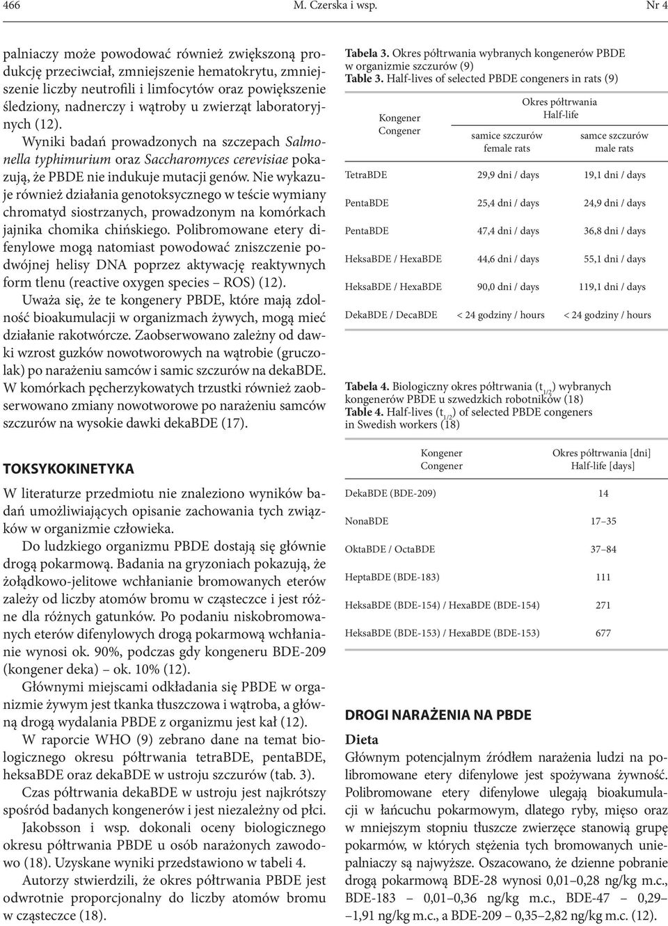 zwierząt laboratoryjnych (12). Wyniki badań prowadzonych na szczepach Salmonella typhimurium oraz Saccharomyces cerevisiae pokazują, że PBDE nie indukuje mutacji genów.