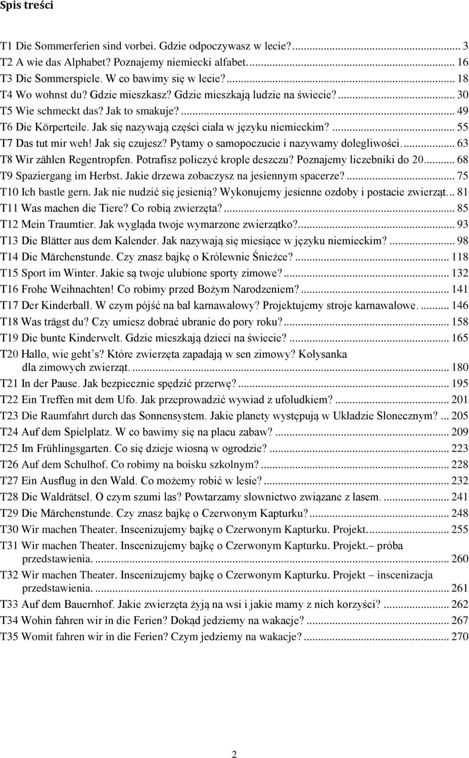 Jak się czujesz? Pytamy o samopoczucie i nazywamy dolegliwości.... 63 T8 Wir zählen Regentropfen. Potrafisz policzyć krople deszczu? Poznajemy liczebniki do 20... 68 T9 Spaziergang im Herbst.