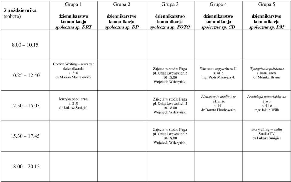 dr Monika Braun Muzyka popularna Zajęcia w studiu Fuga pl. Orląt Lwowskich 2 10-18.00 Wojciech Wilczyński Planowanie mediów w reklamie s.