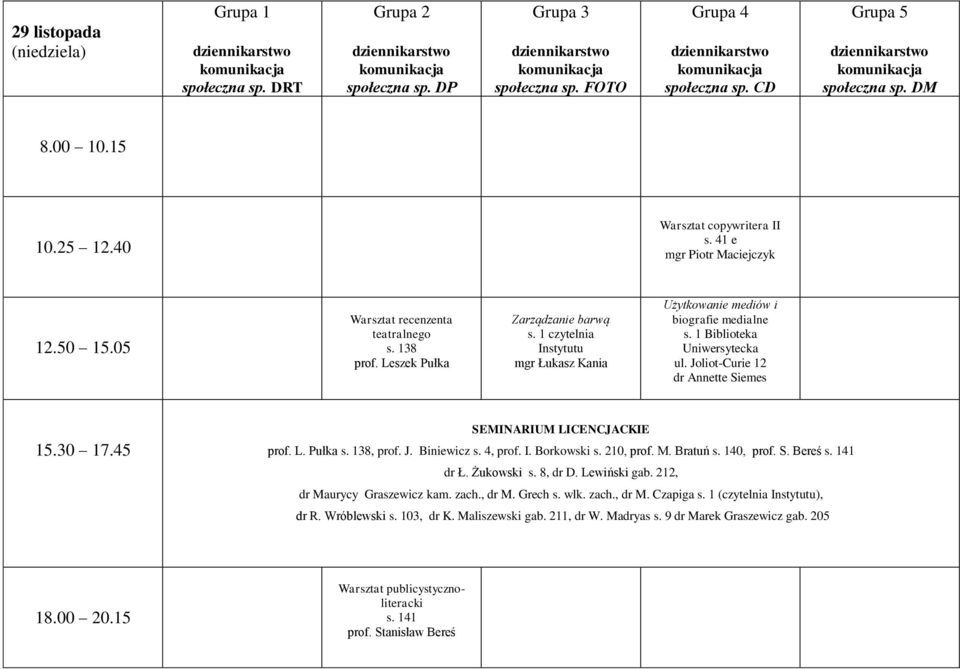 J. Biniewicz s. 4, prof. I. Borkowski, prof. M. Bratuń s. 140, prof. S. Bereś s. 141 dr Ł. Żukowski, dr D. Lewiński gab. 212, dr Maurycy Graszewicz kam. zach., dr M. Grech s. wlk.