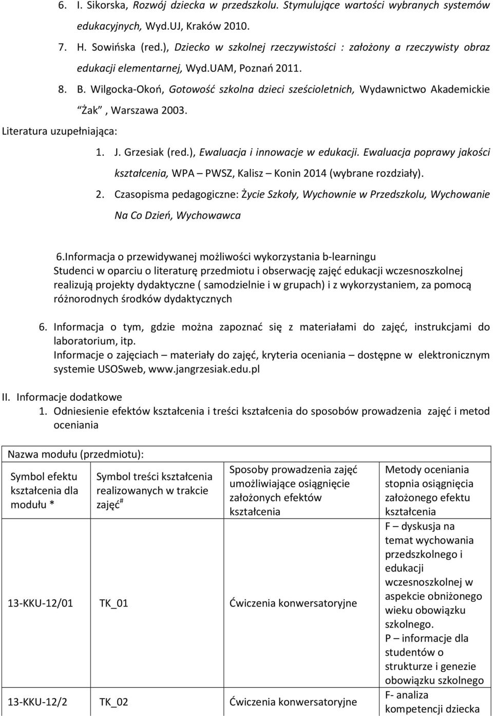 Wilgocka-Okoń, Gotowość szkolna dzieci sześcioletnich, Wydawnictwo Akademickie Żak, Warszawa 2003. Literatura uzupełniająca: 1. J. Grzesiak (red.), Ewaluacja i innowacje w edukacji.