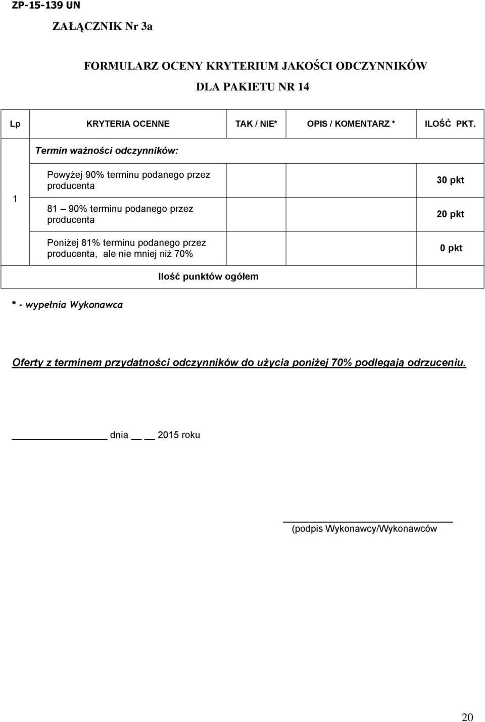 Termin ważności odczynników: 1 Powyżej 90% terminu podanego przez producenta 81 90% terminu podanego przez producenta Poniżej 81%