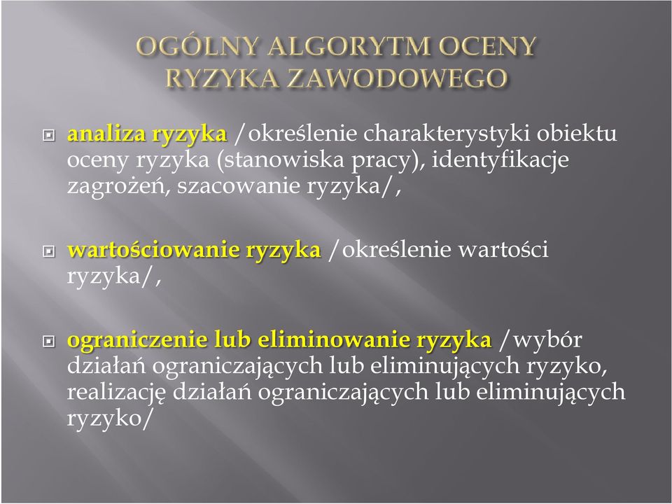 wartości ryzyka/, ograniczenie lub eliminowanie ryzyka /wybór działań
